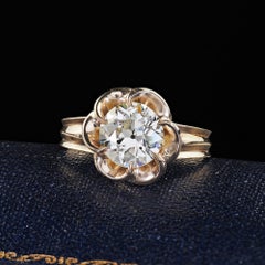 Vintage Estate 14K Yellow Gold Old Euro Cut Diamond Floral Engagement Ring - GIA