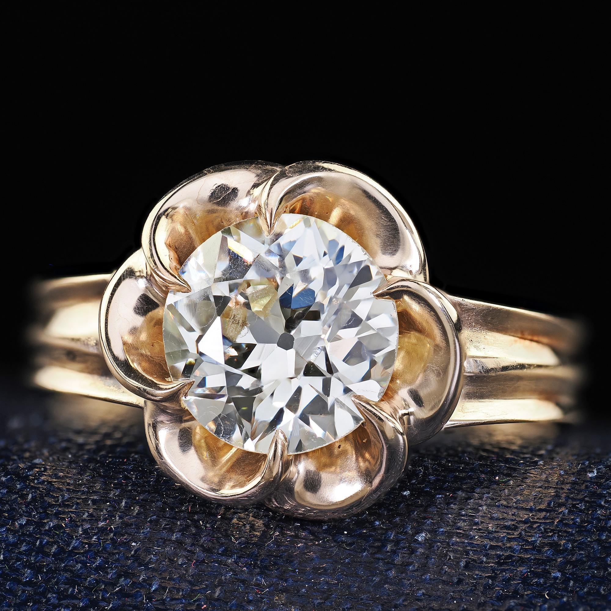 Women's Vintage Estate 14K Yellow Gold Old Euro Cut Diamond Floral Engagement Ring - GIA For Sale