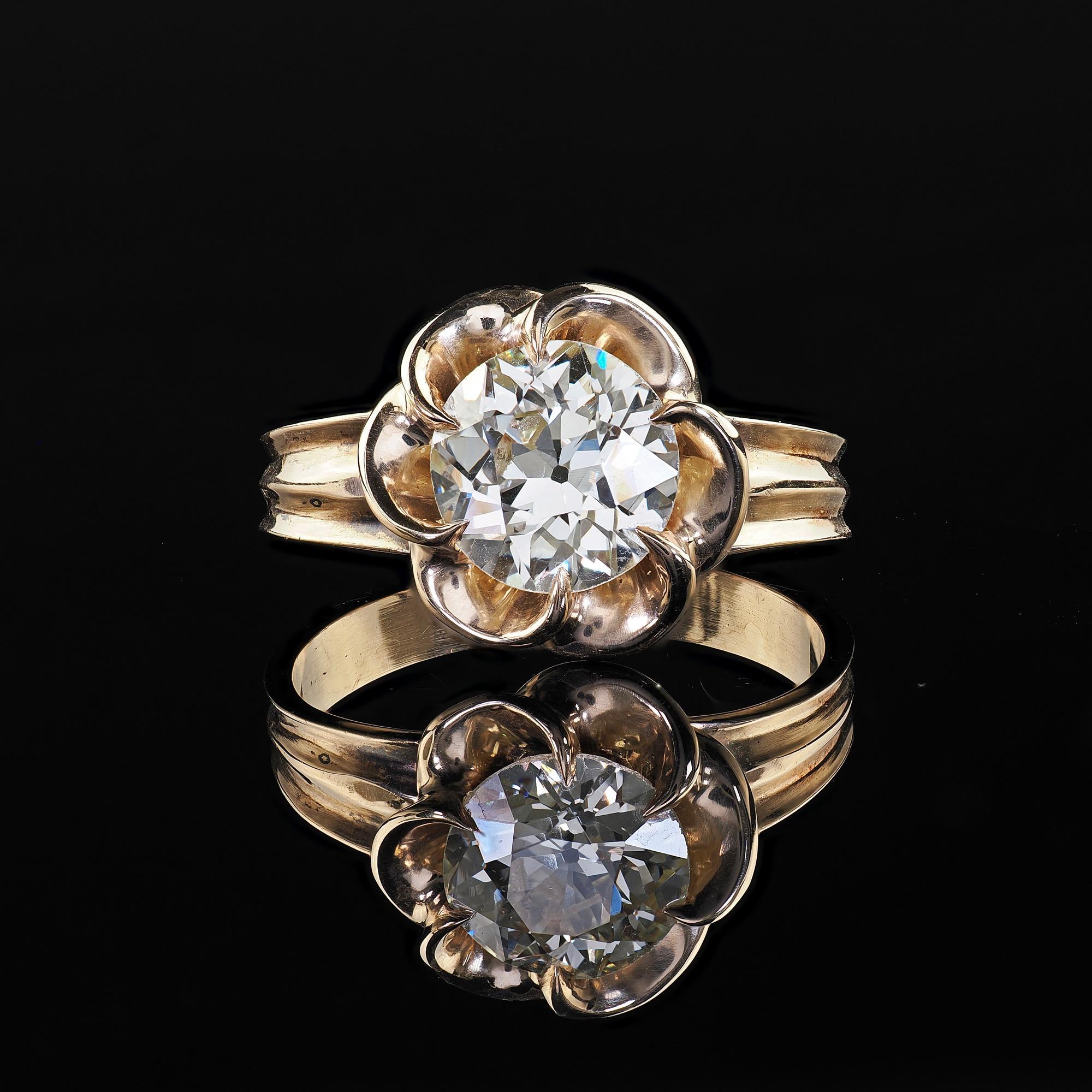 Vintage Estate 14K Yellow Gold Old Euro Cut Diamond Floral Engagement Ring - GIA For Sale 1
