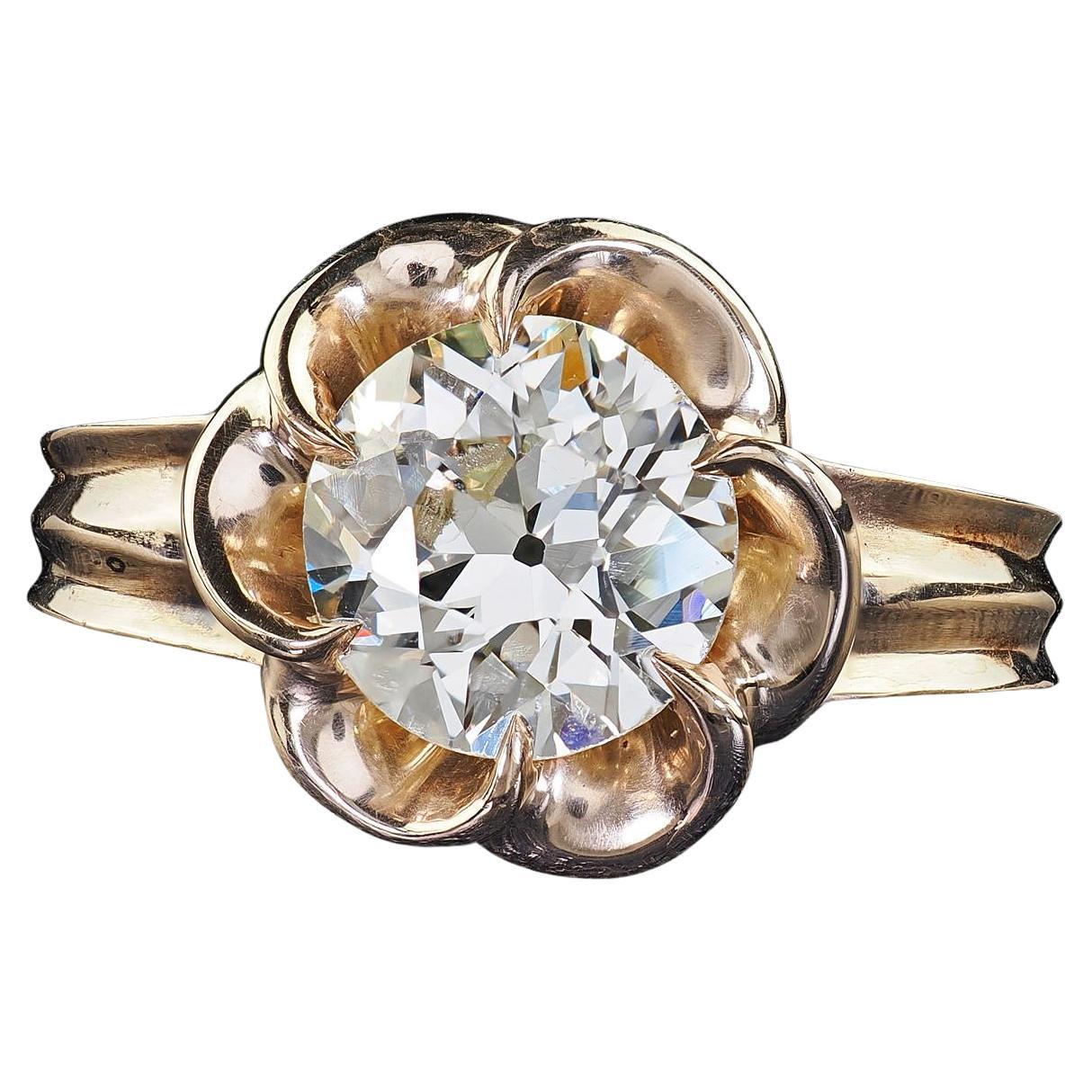 Vintage Estate 14K Yellow Gold Old Euro Cut Diamond Floral Engagement Ring - GIA For Sale