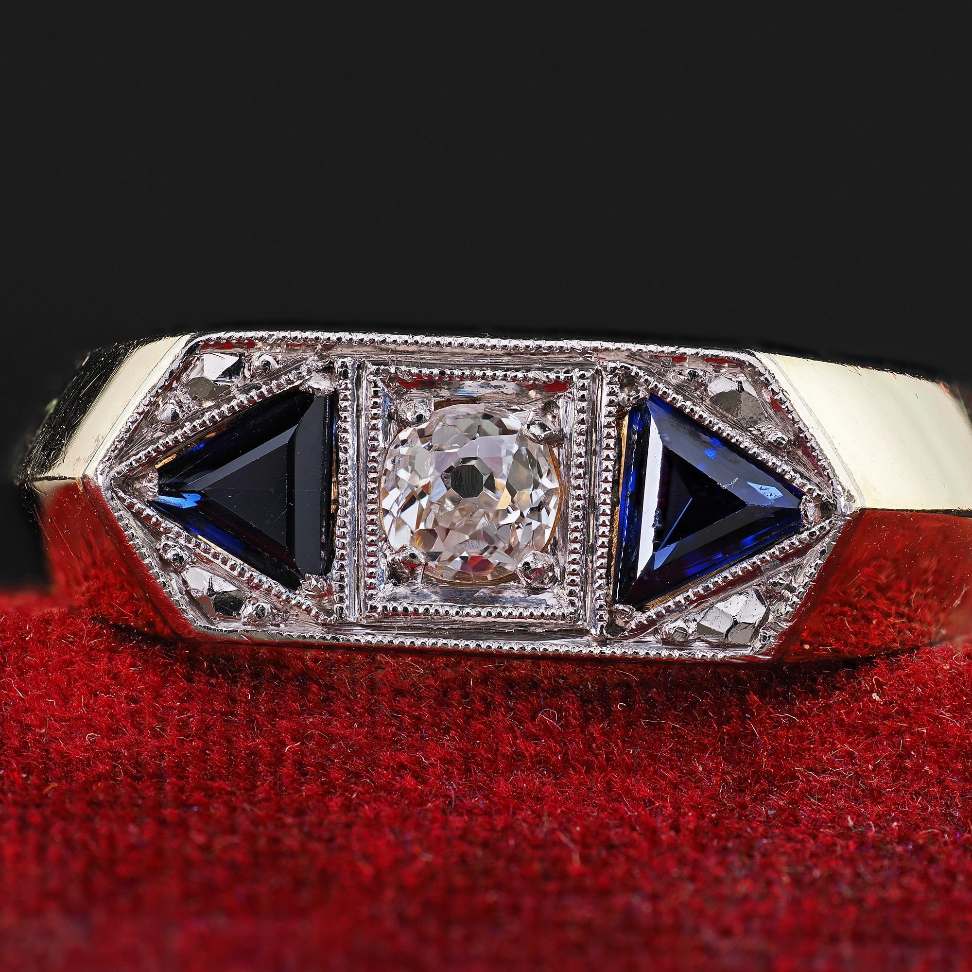 De las mujeres Anillo de tres piedras Vintage Estate de oro amarillo de 14 quilates con diamantes y zafiros Old Mine en venta