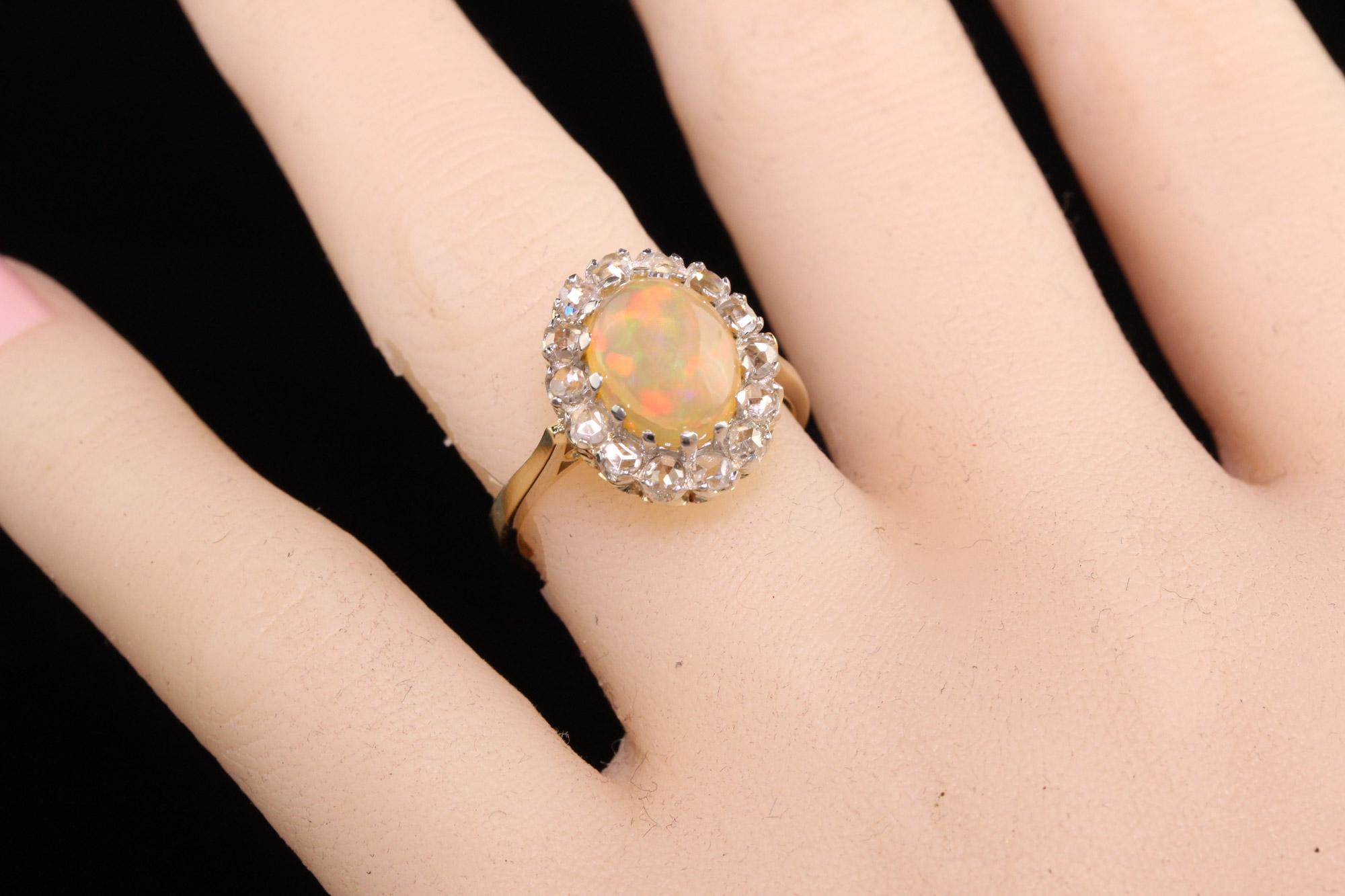 Women's or Men's Vintage Estate 14K Yellow Gold Opal and Rose Cut Diamond Engagement Ring For Sale