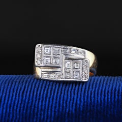 Vintage Estate 14K Yellow Gold Platinum Top Carre Cut Diamond Bypass Ring