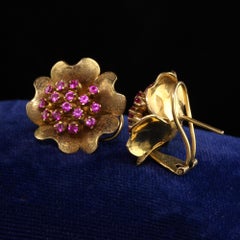 Vintage Estate 14K Yellow Gold Ruby Flower Earrings