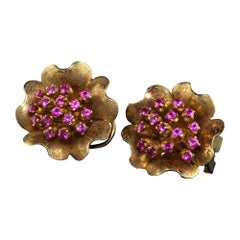 Vintage Estate 14K Yellow Gold Ruby Flower Earrings