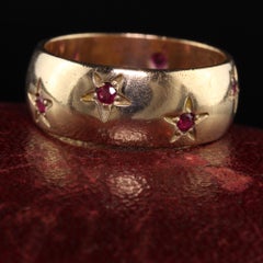 Vintage Estate 14K Yellow Gold Ruby Star Pattern Wide Wedding Band