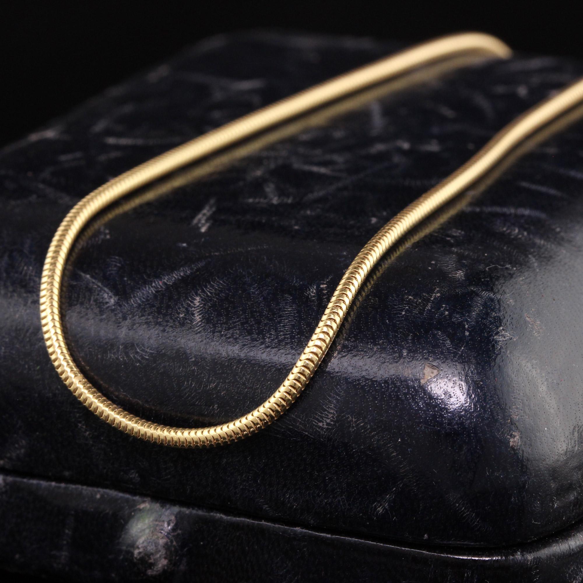 Beautiful Vintage Estate 14K Yellow Gold Snake Chain - 16 inches. This beautiful snake chain is in great condition with no damage and 16 inches long.

Item #N0067

Metal: 14K Yellow Gold

Weight: 6.7 Grams

Measurements: 16 inches long

Layaway: For