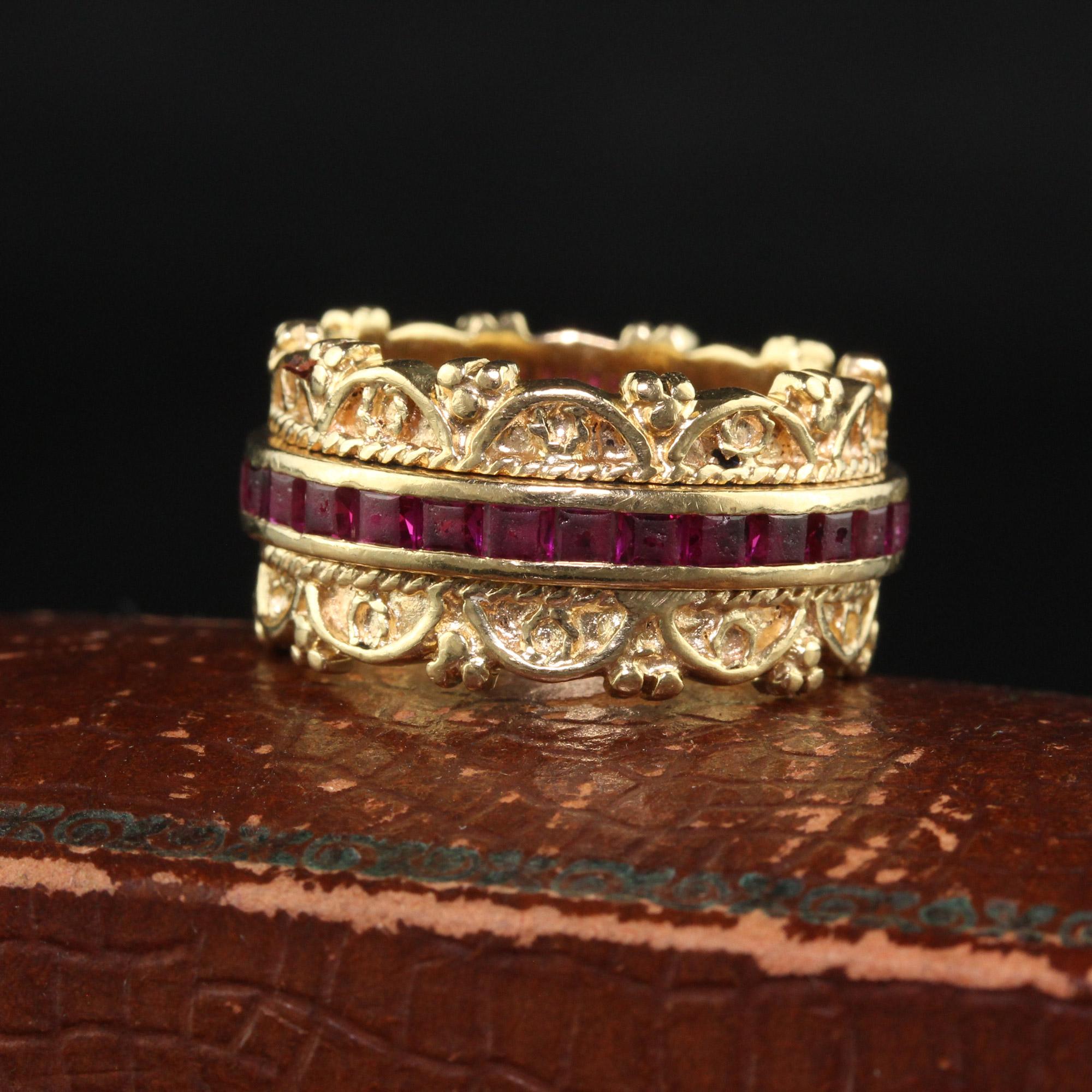 Beautiful Vintage Estate 14K Yellow Gold Square Cut Ruby Wide Eternity Band - Size 6 1/4. This gorgeous wedding band is crafted in 14k yellow gold. The ring has an intricate design with a row of square cut rubies in the center. The ring is in good