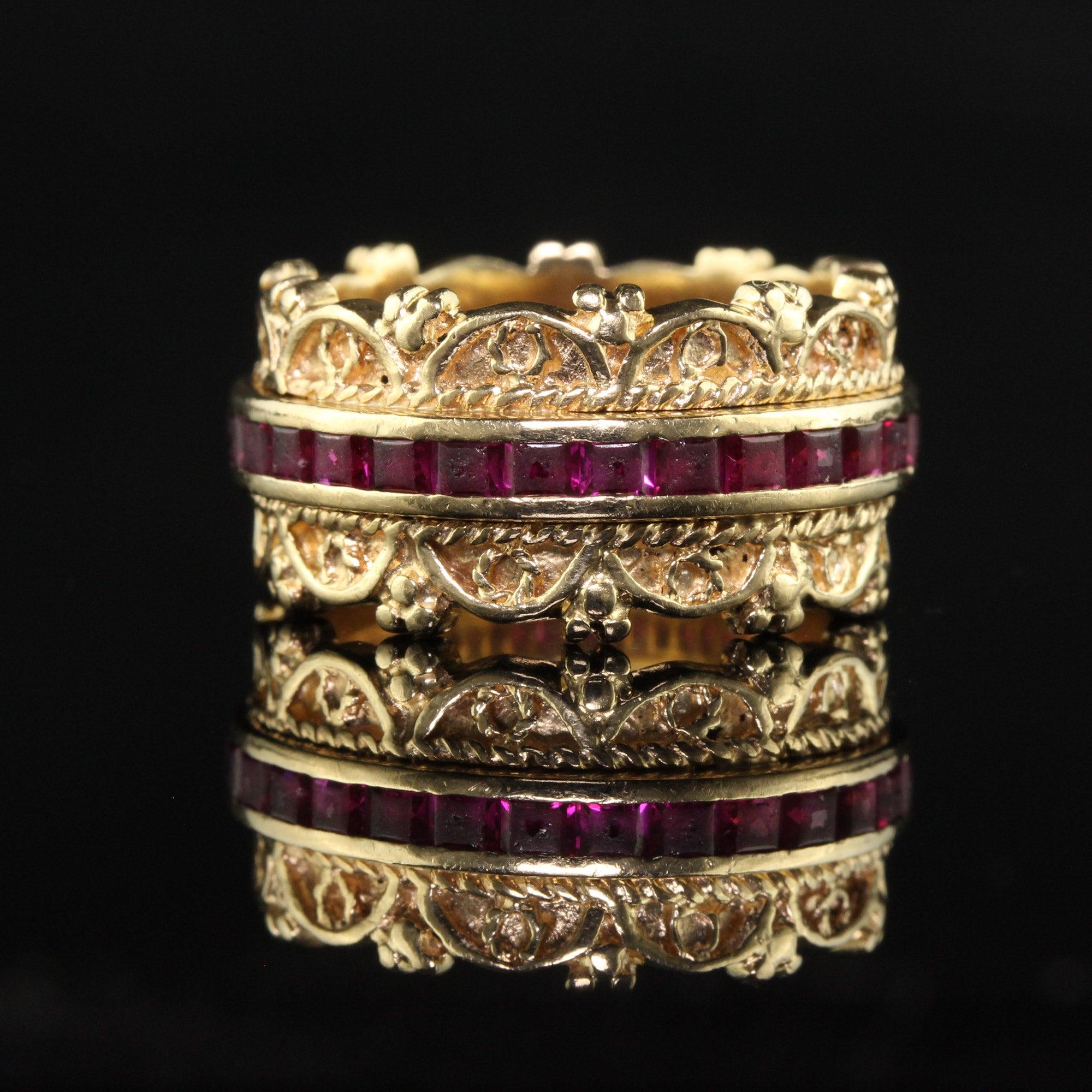 Vintage Estate 14K Yellow Gold Square Cut Ruby Wide Eternity Band - Size 6 1/4 In Good Condition For Sale In Great Neck, NY