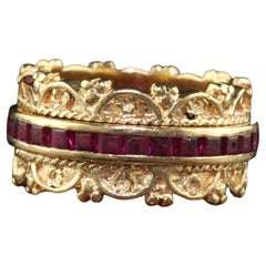Retro Estate 14K Yellow Gold Square Cut Ruby Wide Eternity Band - Size 6 1/4