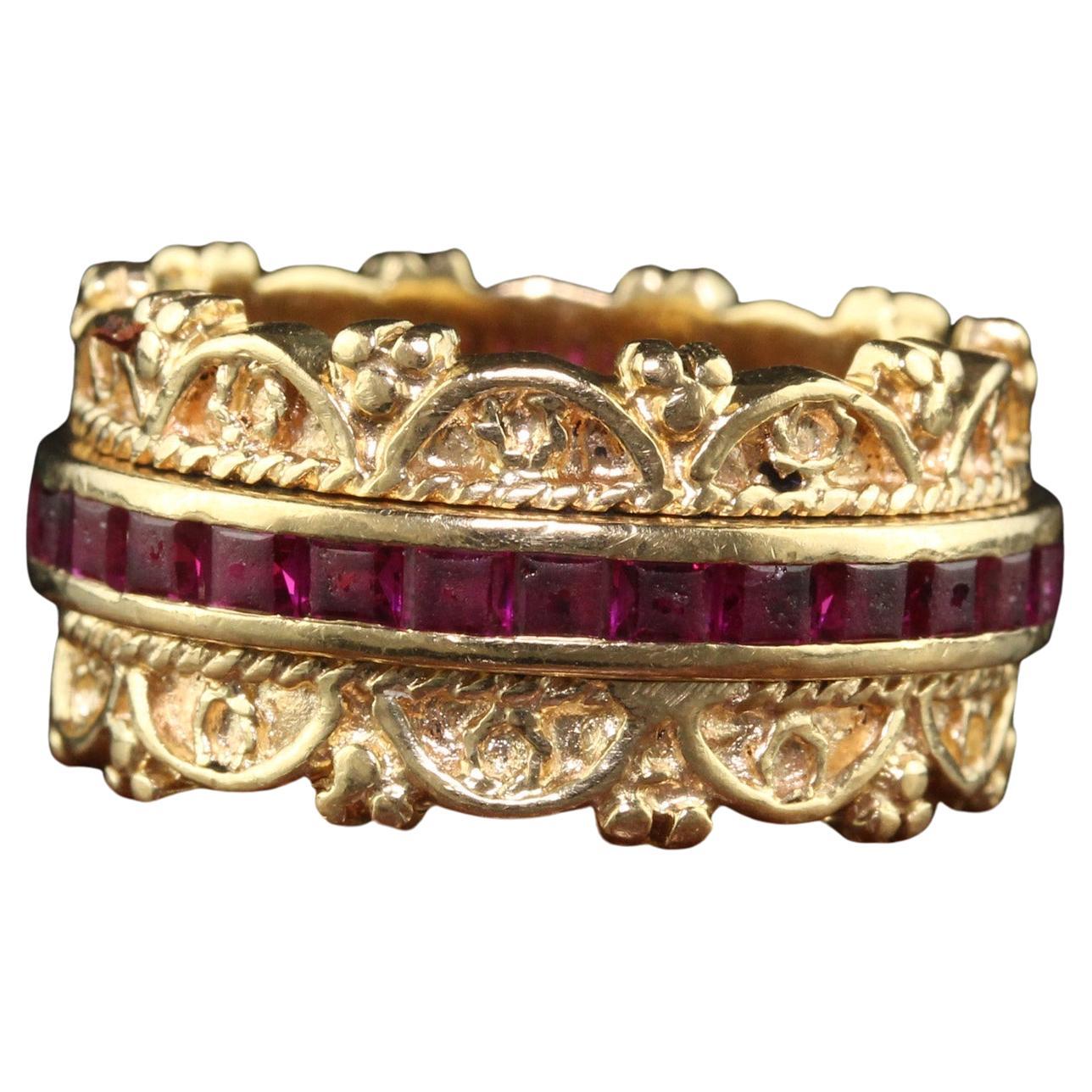 Vintage Estate 14K Yellow Gold Square Cut Ruby Wide Eternity Band - Size 6 1/4 For Sale