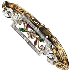 Vintage Estate 18 Karat Gold Diamond, Emerald, and Ruby Bracelet