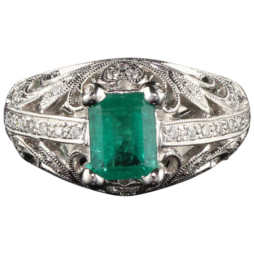 Vintage Estate 18 Karat White Gold Diamond and Colombian Emerald Ring