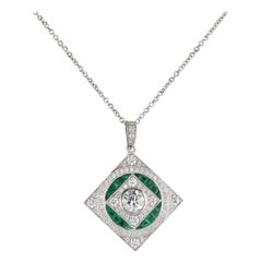 Vintage Estate 18 Karat White Gold Diamond and Emerald Pendant