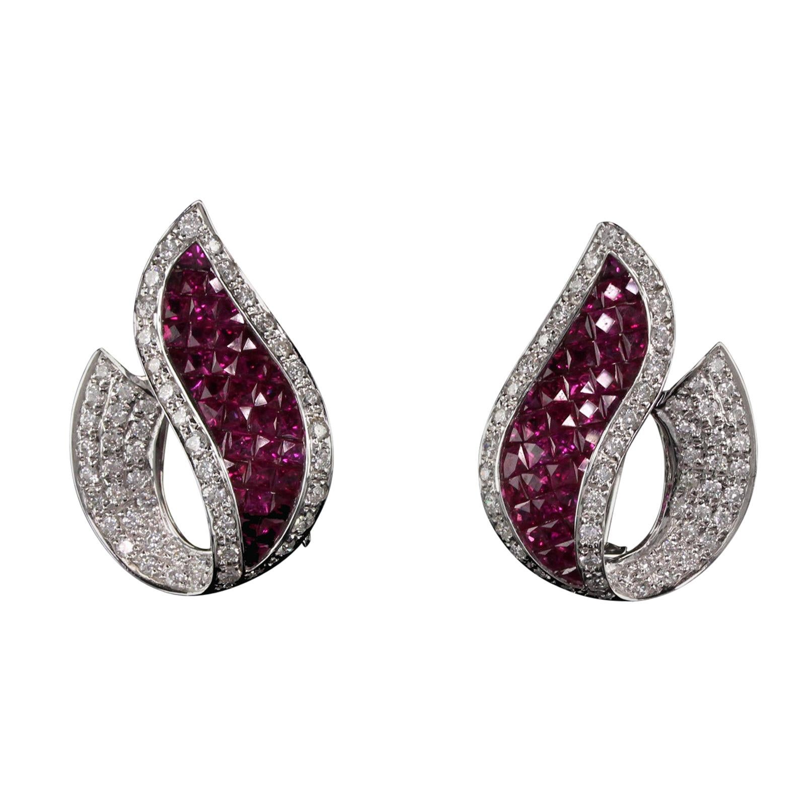 Vintage Estate 18 Karat White Gold Diamond and Ruby Earrings