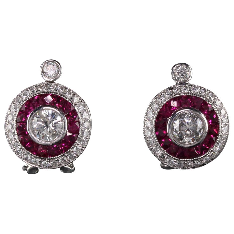 Boucles d'oreilles vintage en or blanc 18 carats avec diamants et rubis, ancienne propriété