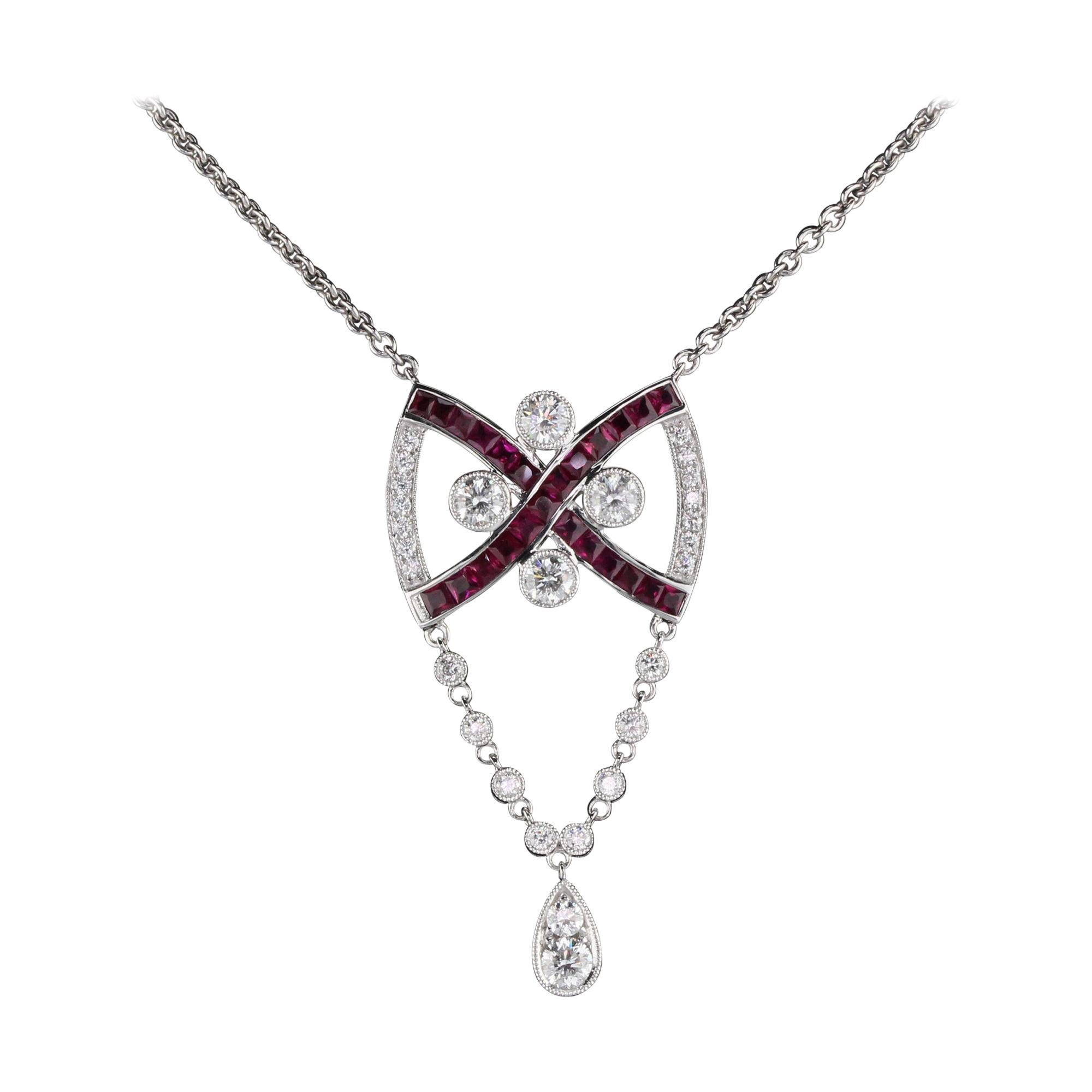Vintage Estate 18 Karat White Gold Diamond and Ruby Necklace For Sale