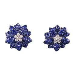 Vintage Estate 18 Karat White Gold Diamond and Sapphire Cluster Earrings