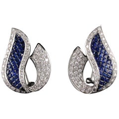 Vintage Estate 18 Karat White Gold Diamond and Sapphire Earrings