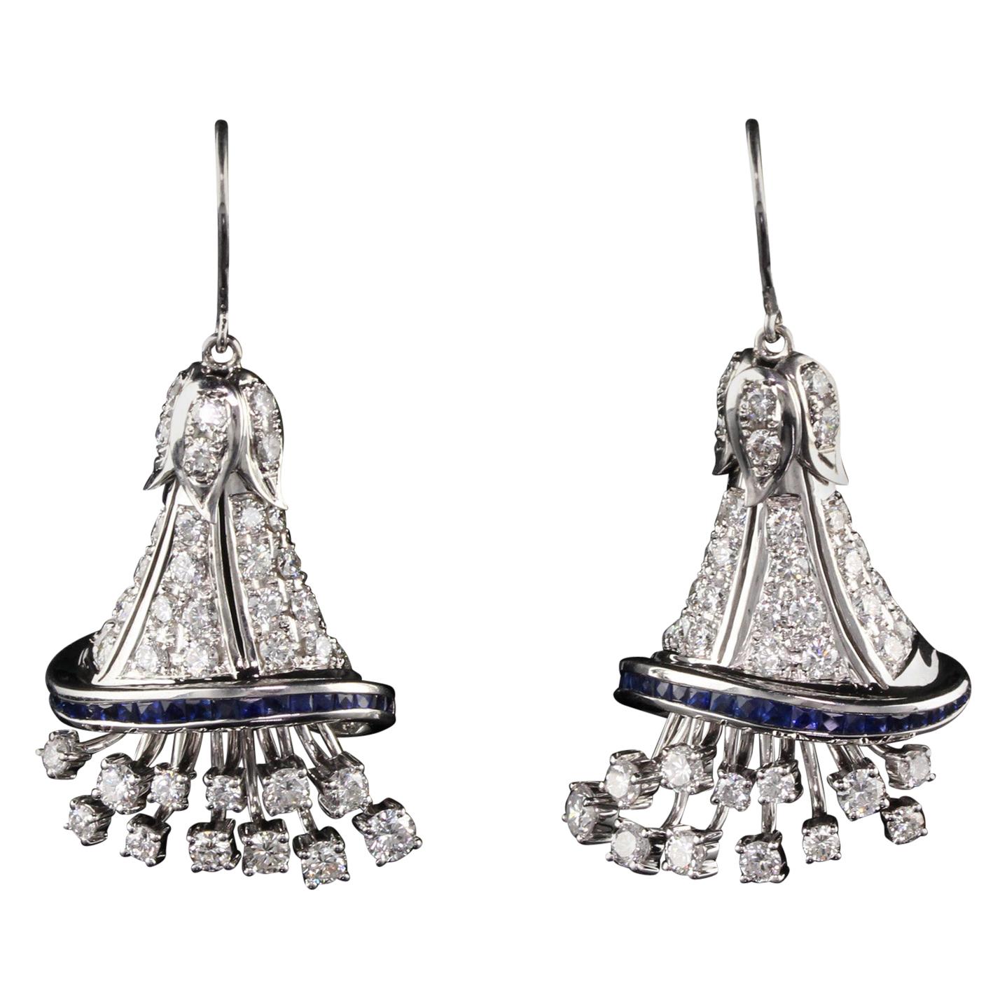 Vintage Estate 18 Karat White Gold Diamond and Sapphire Earrings For Sale