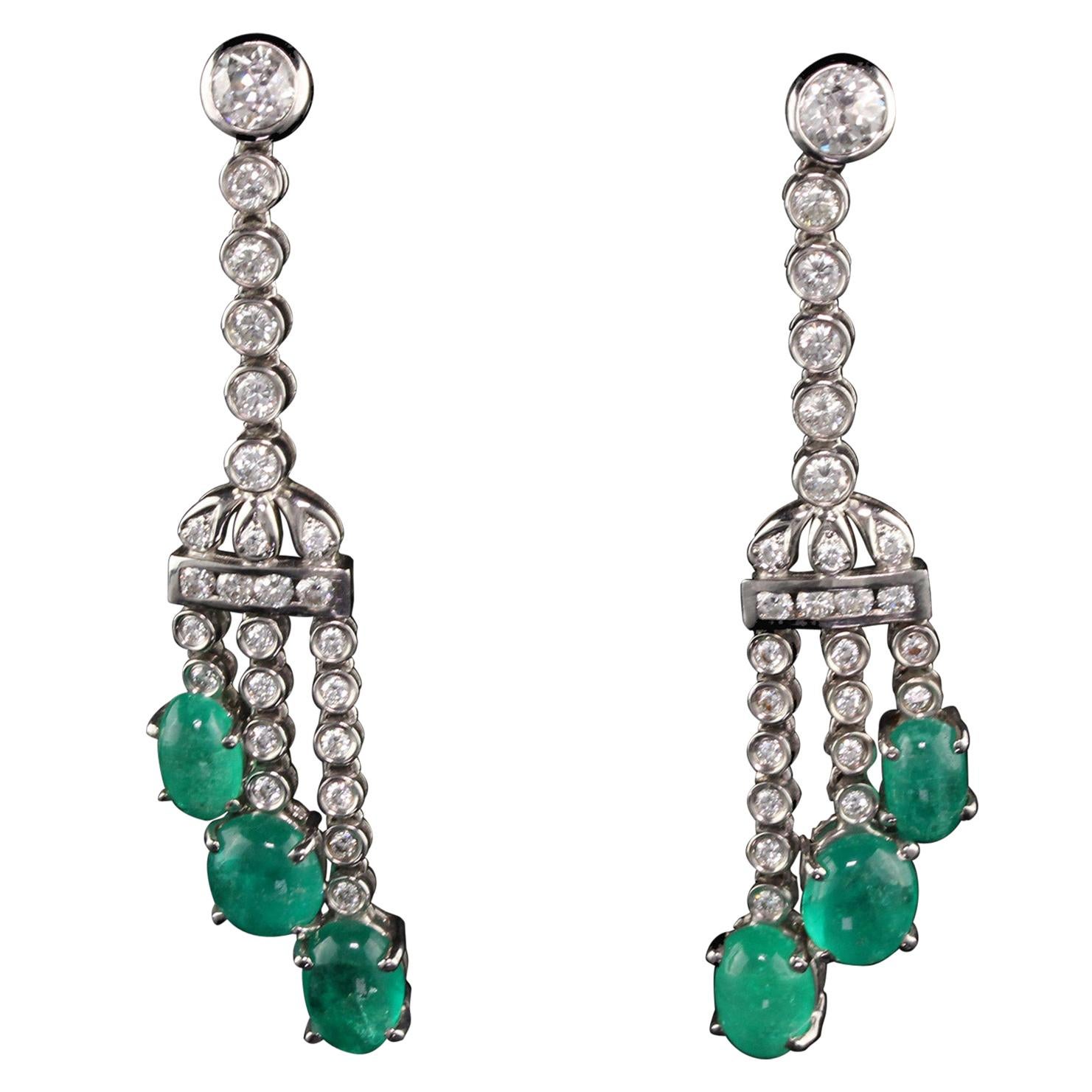 Vintage Estate 18 Karat White Gold Emerald and Diamond Drop Earrings For Sale