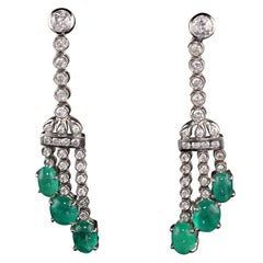 Vintage Estate 18 Karat White Gold Emerald and Diamond Drop Earrings