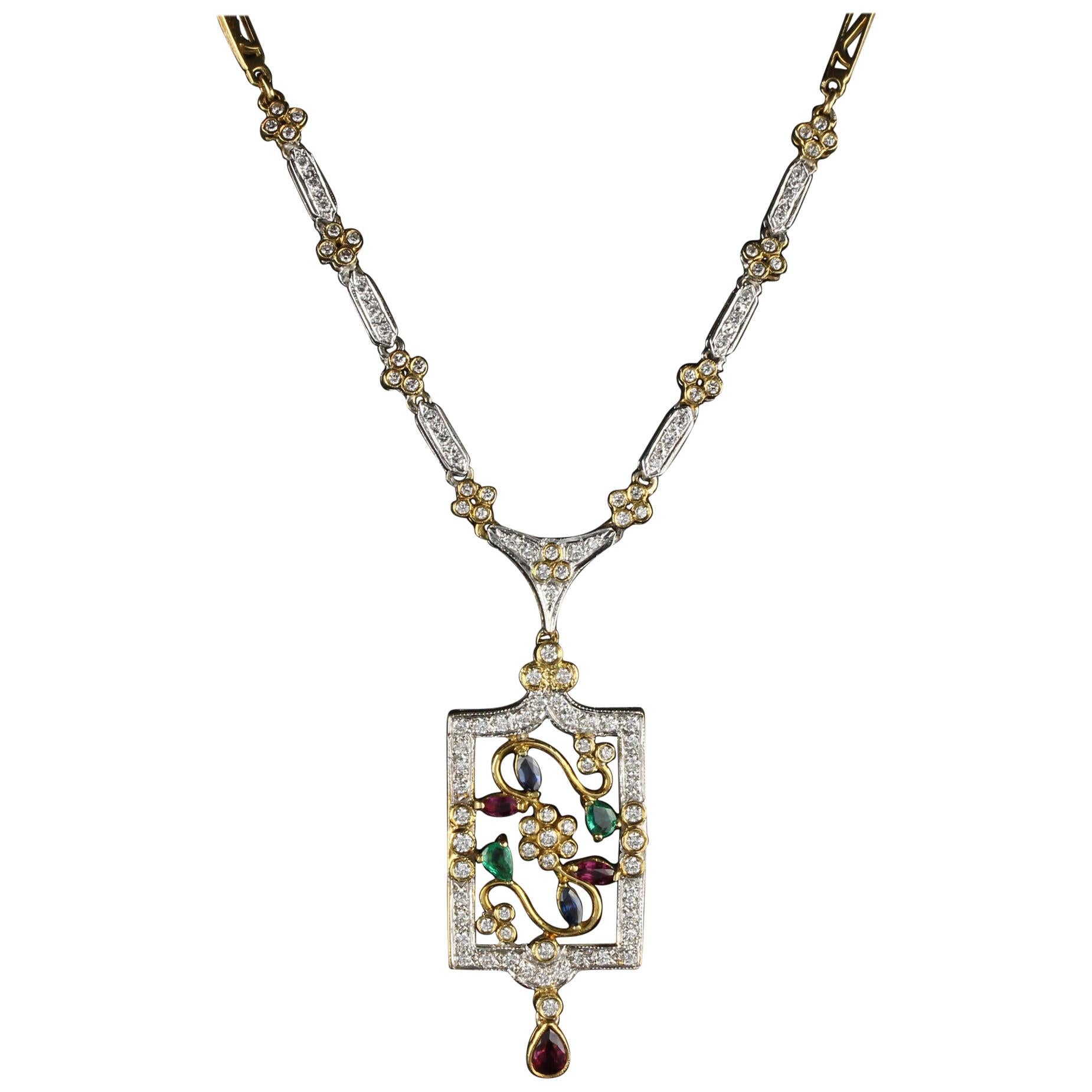Vintage Estate 18 Karat Yellow Gold Diamond, Ruby, Emerald and Sapphire Necklace