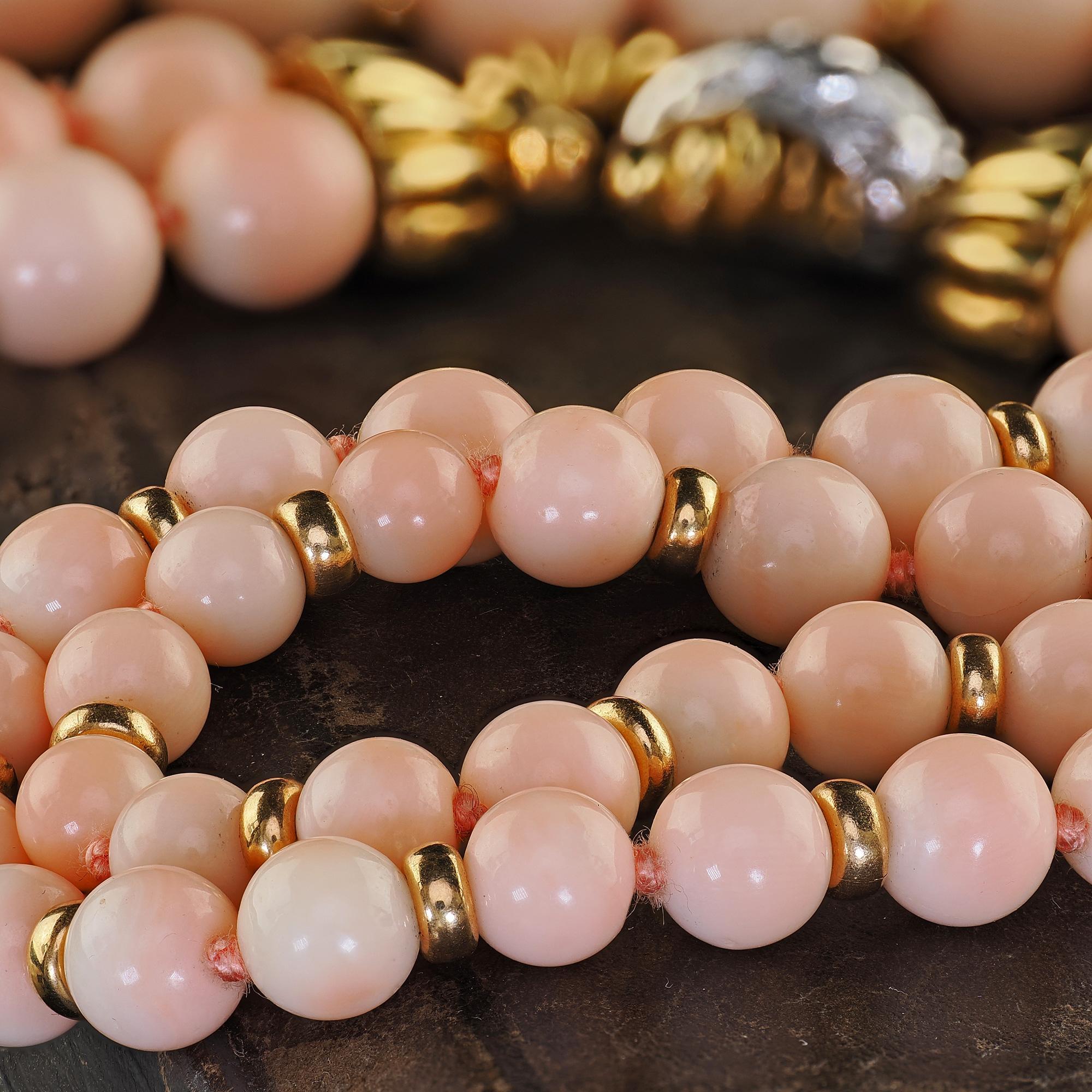Contemporary Vintage Estate 18K Two Tone Gold Diamond Angel Skin Coral Double Strand Necklace For Sale