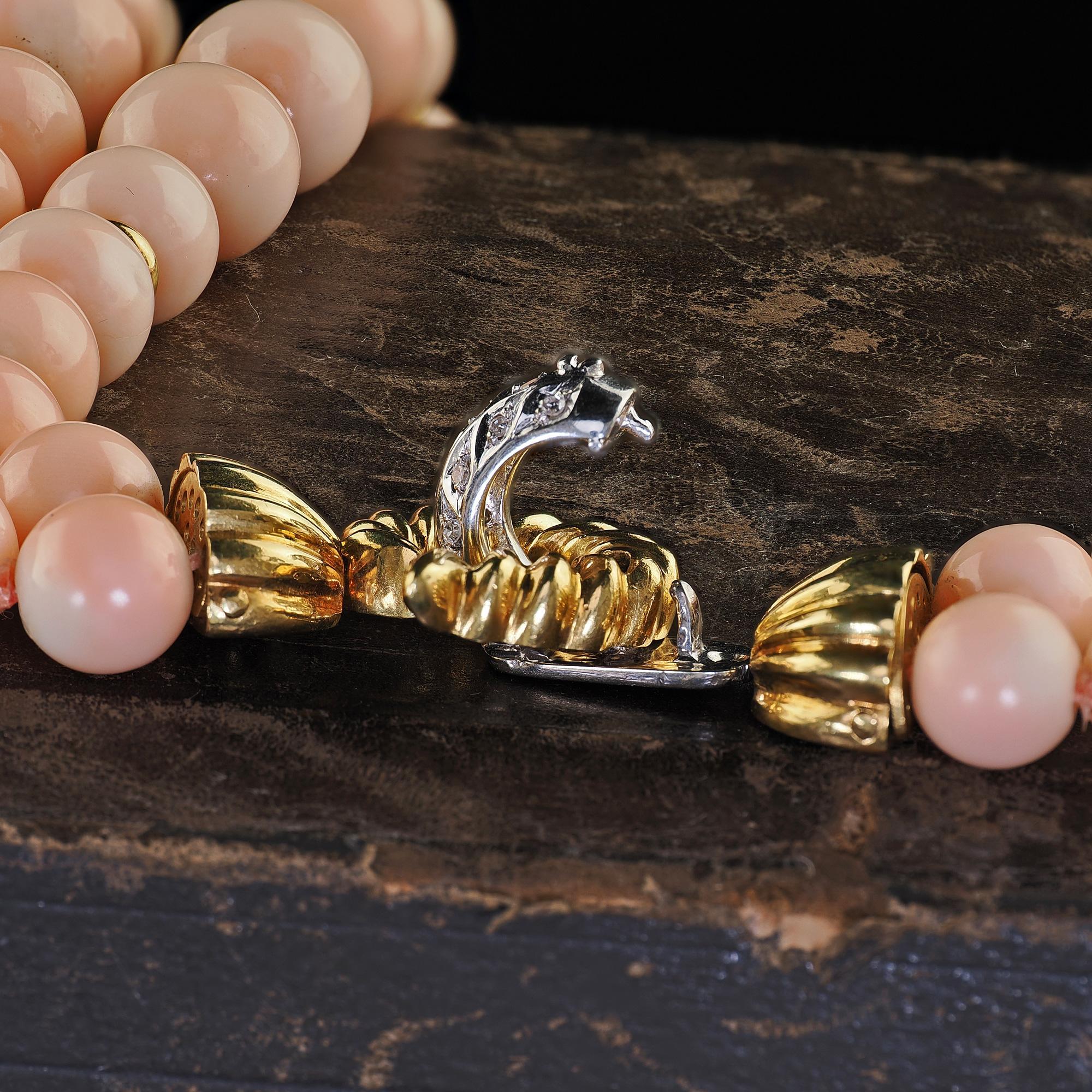 Vintage Estate 18K Two Tone Gold Diamond Angel Skin Coral Double Strand Necklace For Sale 1