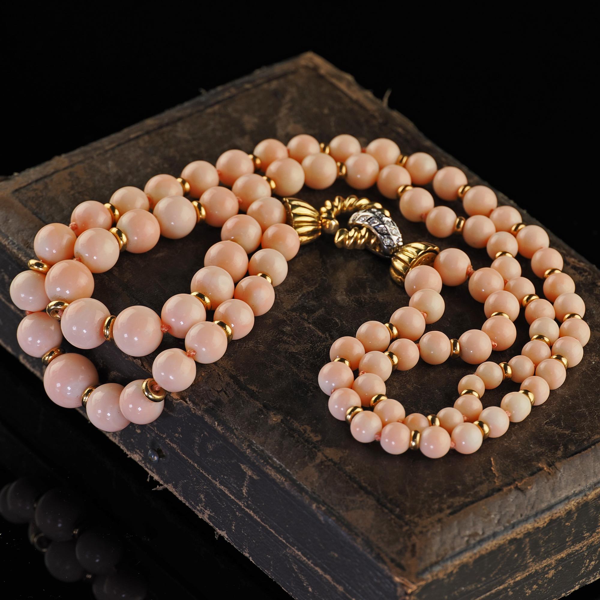 Vintage Estate 18K Two Tone Gold Diamond Angel Skin Coral Double Strand Necklace For Sale 2