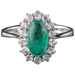Vintage Estate 18 Karat White Gold Cabochon Emerald and Diamond Ring