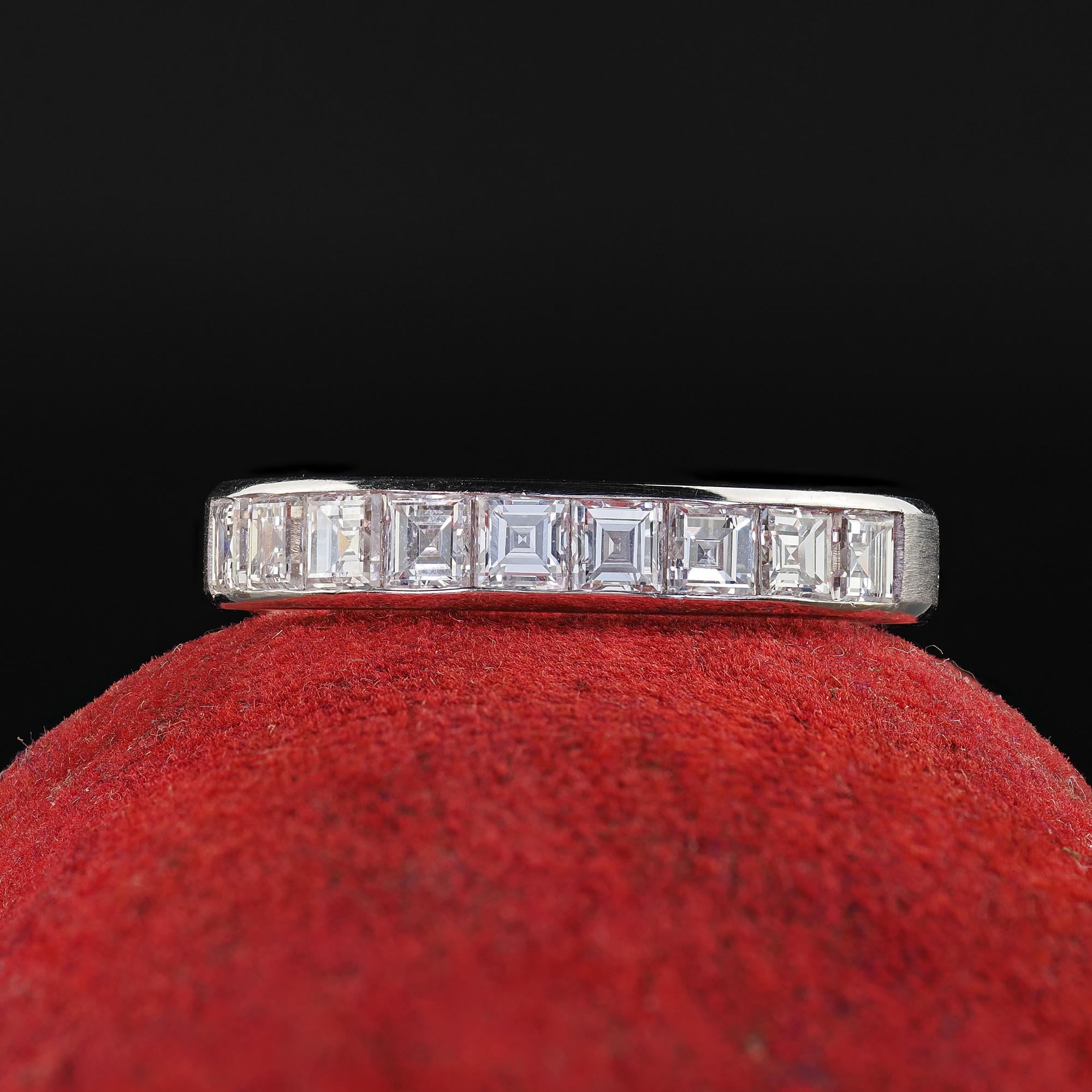 Beautiful Vintage Estate 18K White Gold Carre Cut Diamond Half Wedding Band - Size 7 3/4. This gorgeous Carre cut diamond wedding band is crafted in 18k white gold. This gorgeous band features white Carre cut diamond set on top of the band. The ring