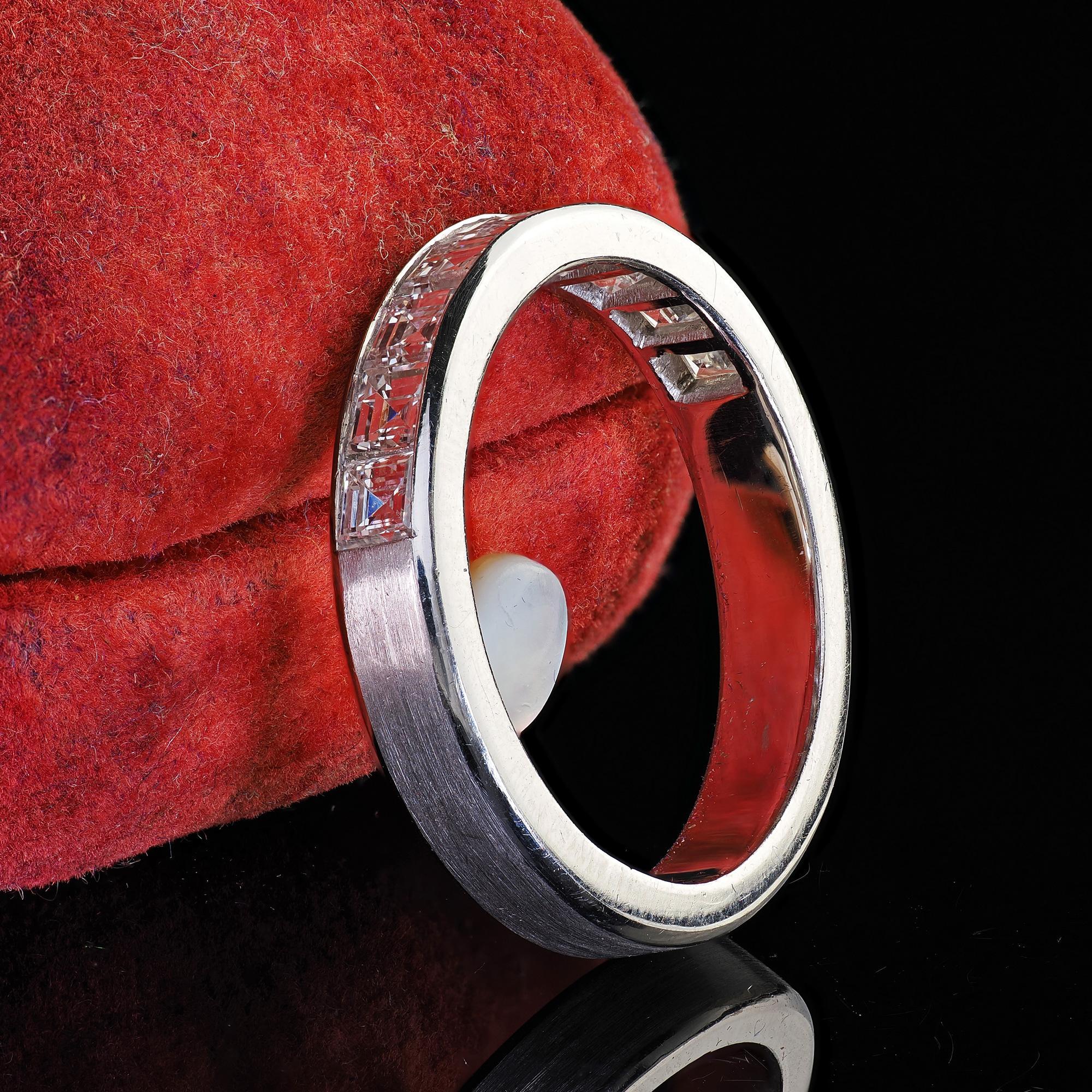 Contemporary Vintage Estate 18K White Gold Carre Cut Diamond Half Wedding Band - Size 7 3/4 For Sale