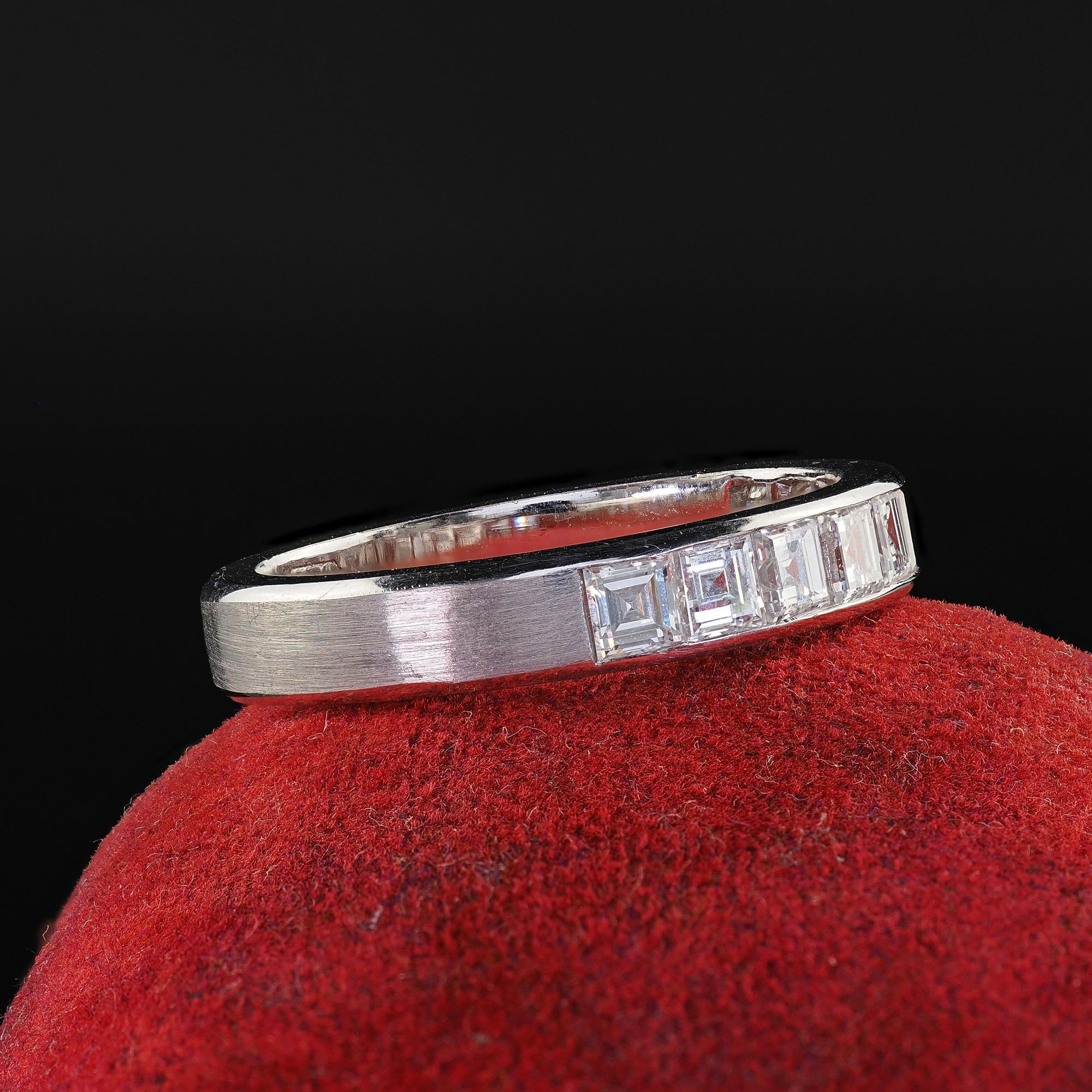 Square Cut Vintage Estate 18K White Gold Carre Cut Diamond Half Wedding Band - Size 7 3/4 For Sale