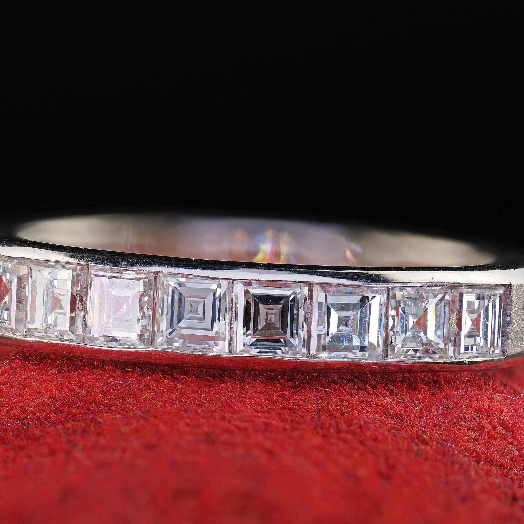 Women's Vintage Estate 18K White Gold Carre Cut Diamond Half Wedding Band - Size 7 3/4 For Sale