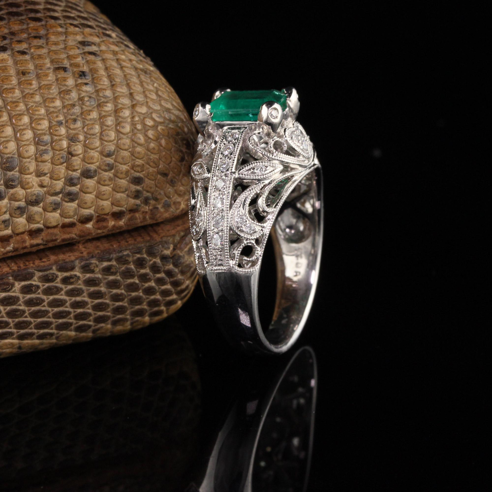 Modern Vintage Estate 18 Karat White Gold Diamond and Colombian Emerald Ring