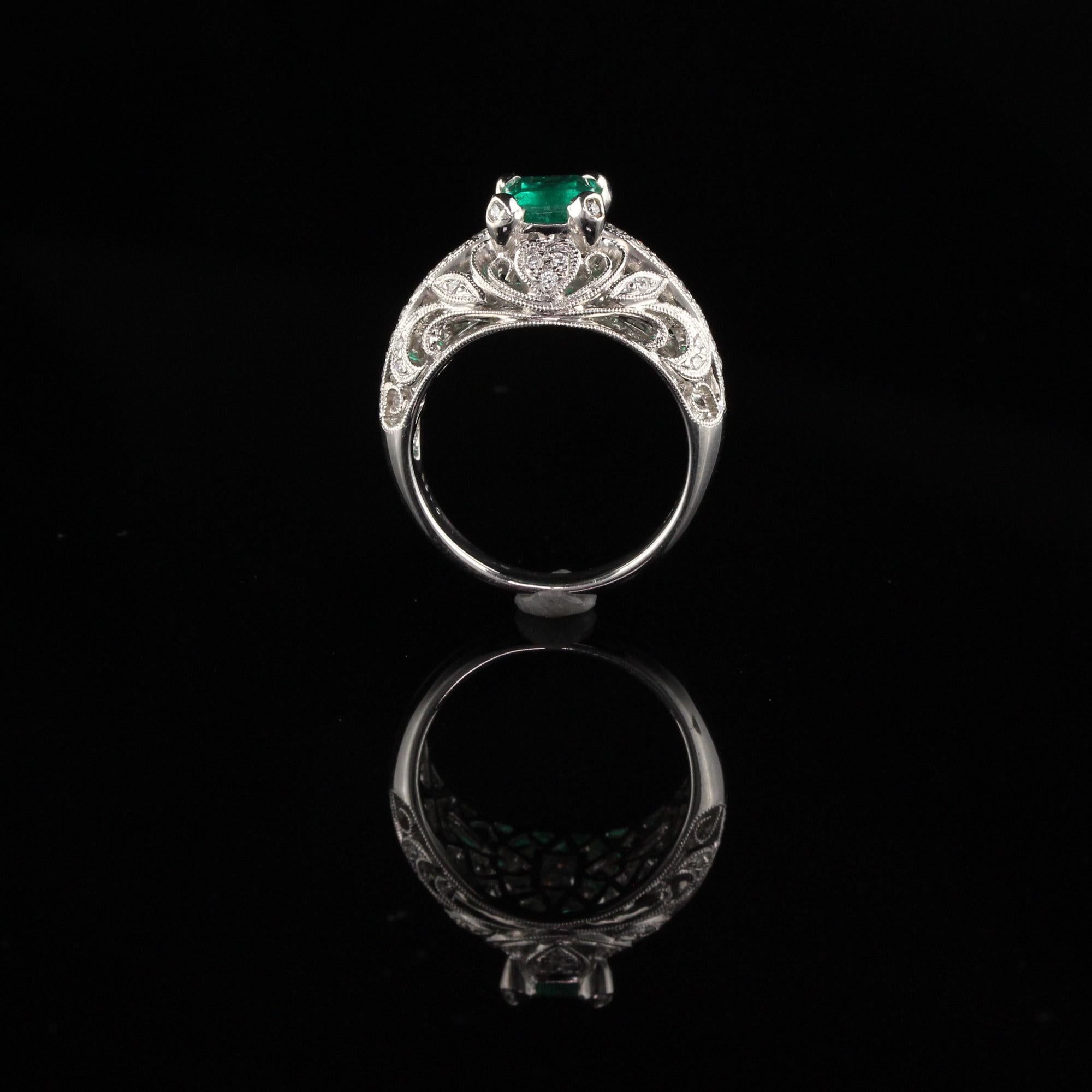 Women's Vintage Estate 18 Karat White Gold Diamond and Colombian Emerald Ring