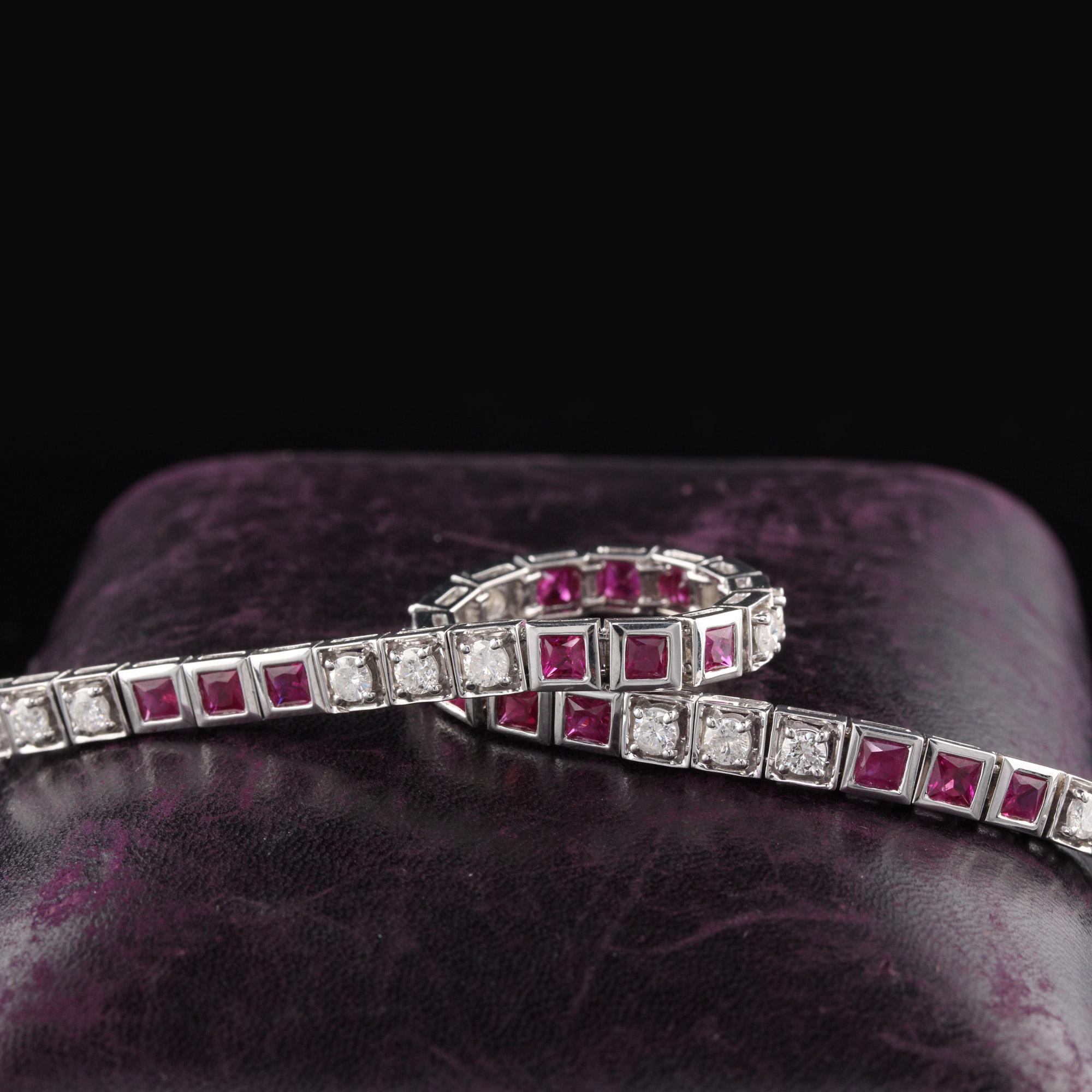 Bold and beautiful diamond and ruby bracelet set in white gold.

Metal: 18K White Gold

Weight: 19.0 Grams

Diamond Weight: Approximately 1.50 CTS

Diamond Color: H

Diamond Clarity: SI2

Ruby Total Weight: Approximately 2.50 CTS

Measurements: