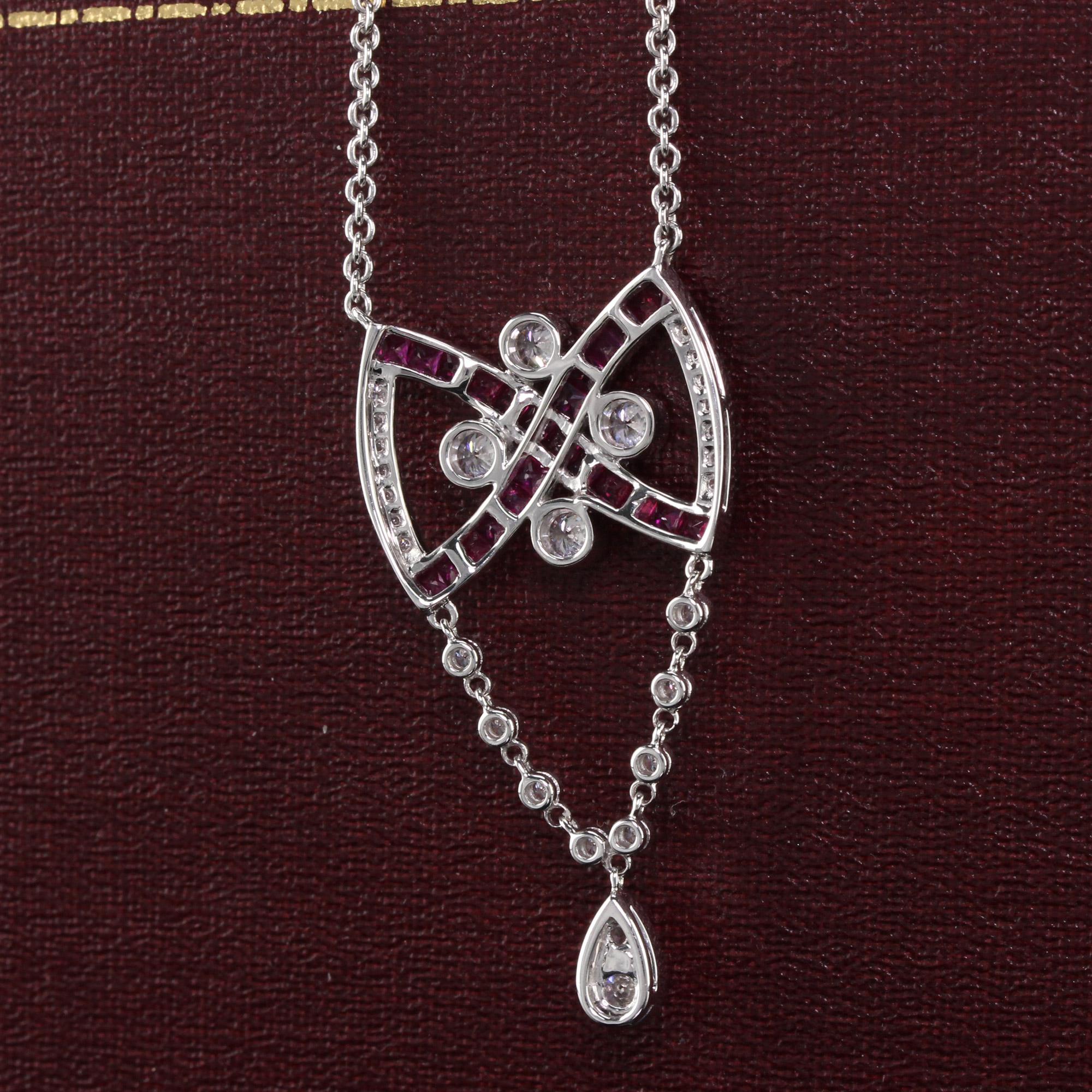 Modern Vintage Estate 18 Karat White Gold Diamond and Ruby Necklace For Sale