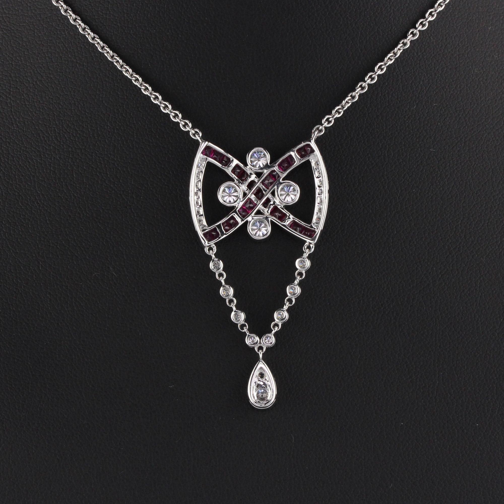 Vintage Estate 18 Karat White Gold Diamond and Ruby Necklace In Good Condition For Sale In Great Neck, NY