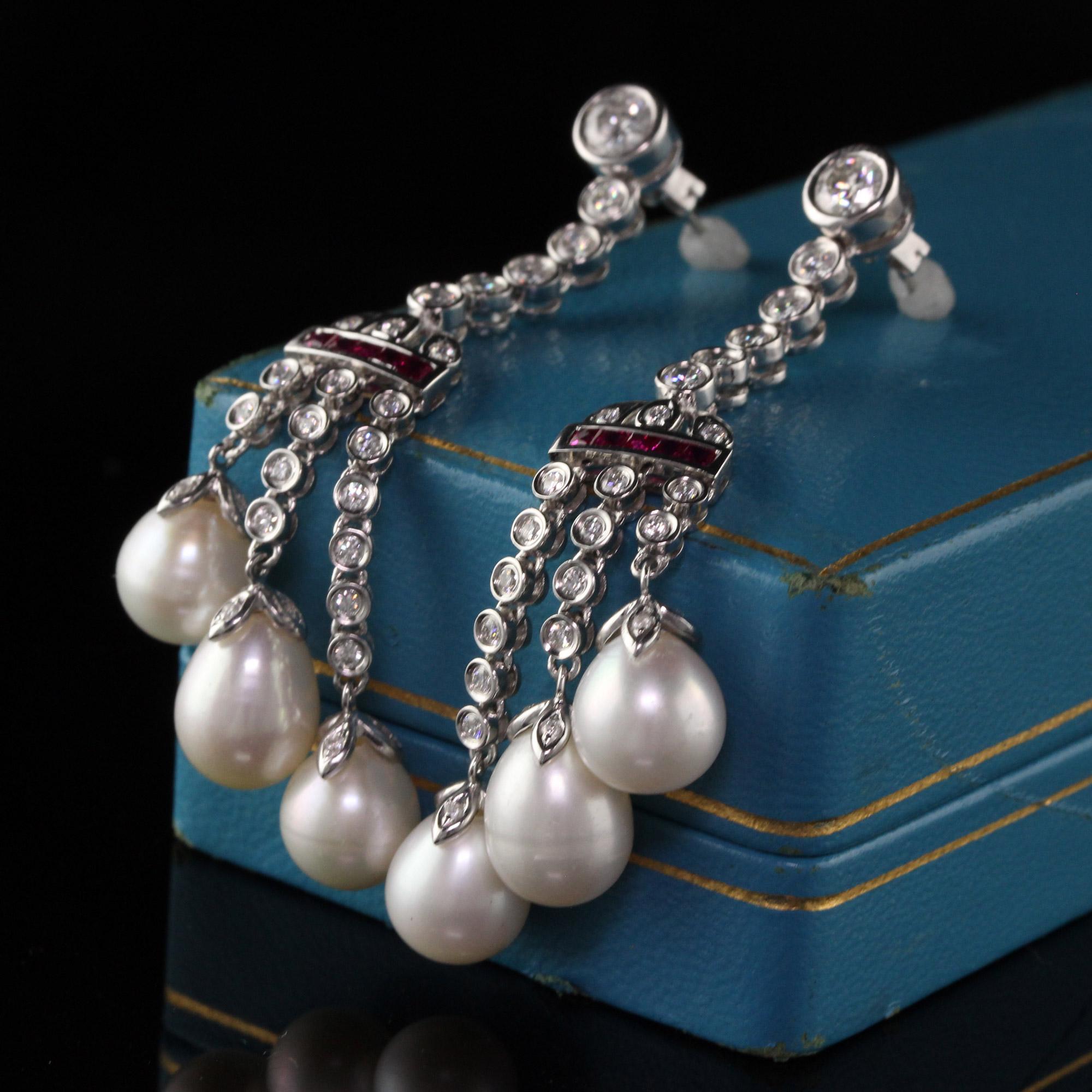 Modern Vintage Estate 18 Karat White Gold Diamond, Ruby, and Pearl Earrings For Sale