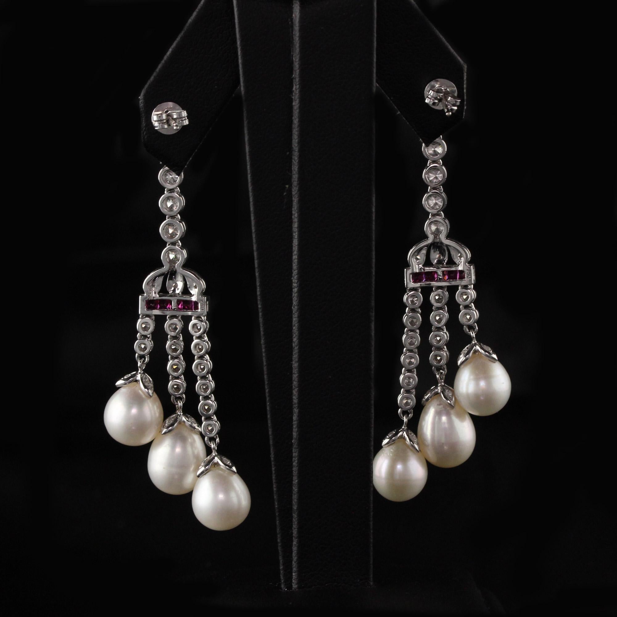Vintage Estate 18 Karat White Gold Diamond, Ruby, and Pearl Earrings In Excellent Condition For Sale In Great Neck, NY