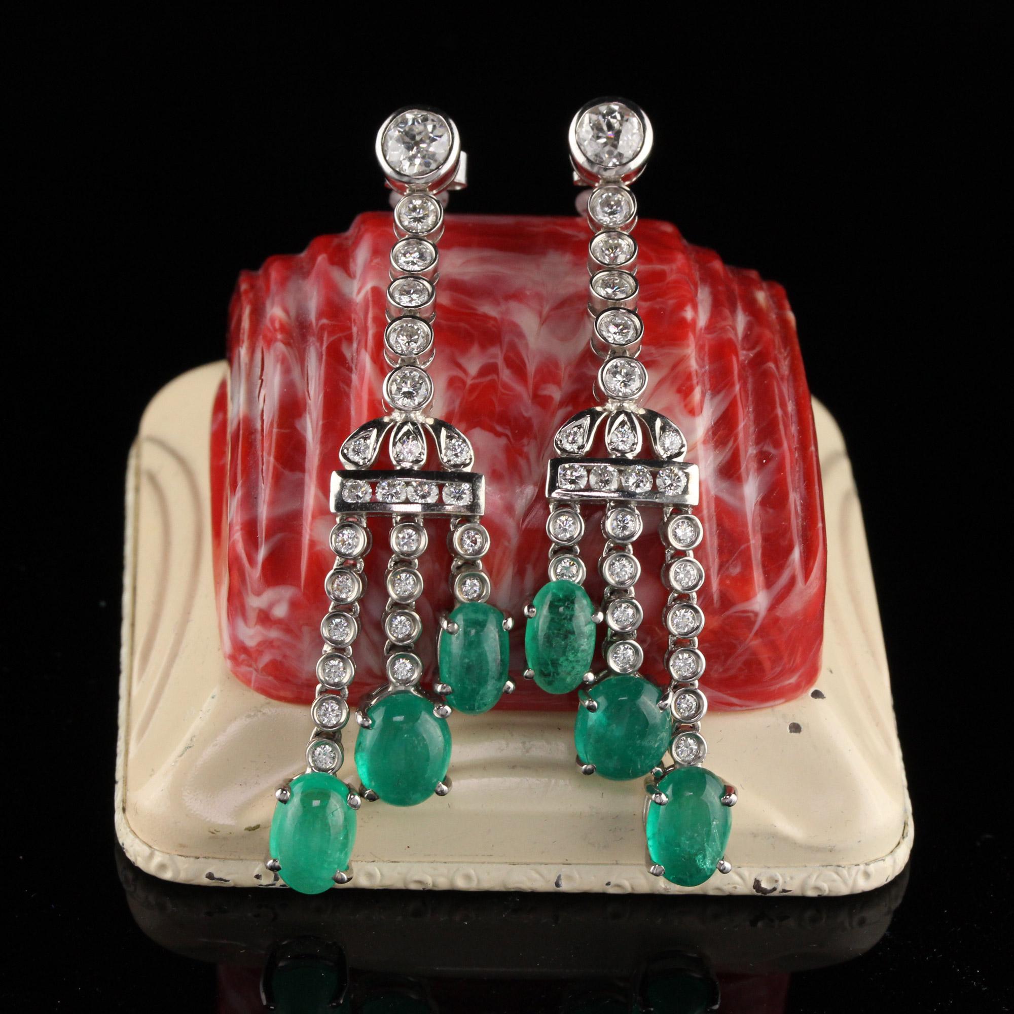 Elegant emerald and diamond drop earrings

Metal: White Gold
 
Weight: 13.5 grams

Diamond Weight: 2.5 ct 

Diamond Color: H

Diamond Clarity: SI1

Gemstone Weight: Approximately 6 ct

Measurements: 2 1/4 x 1/2 inches
