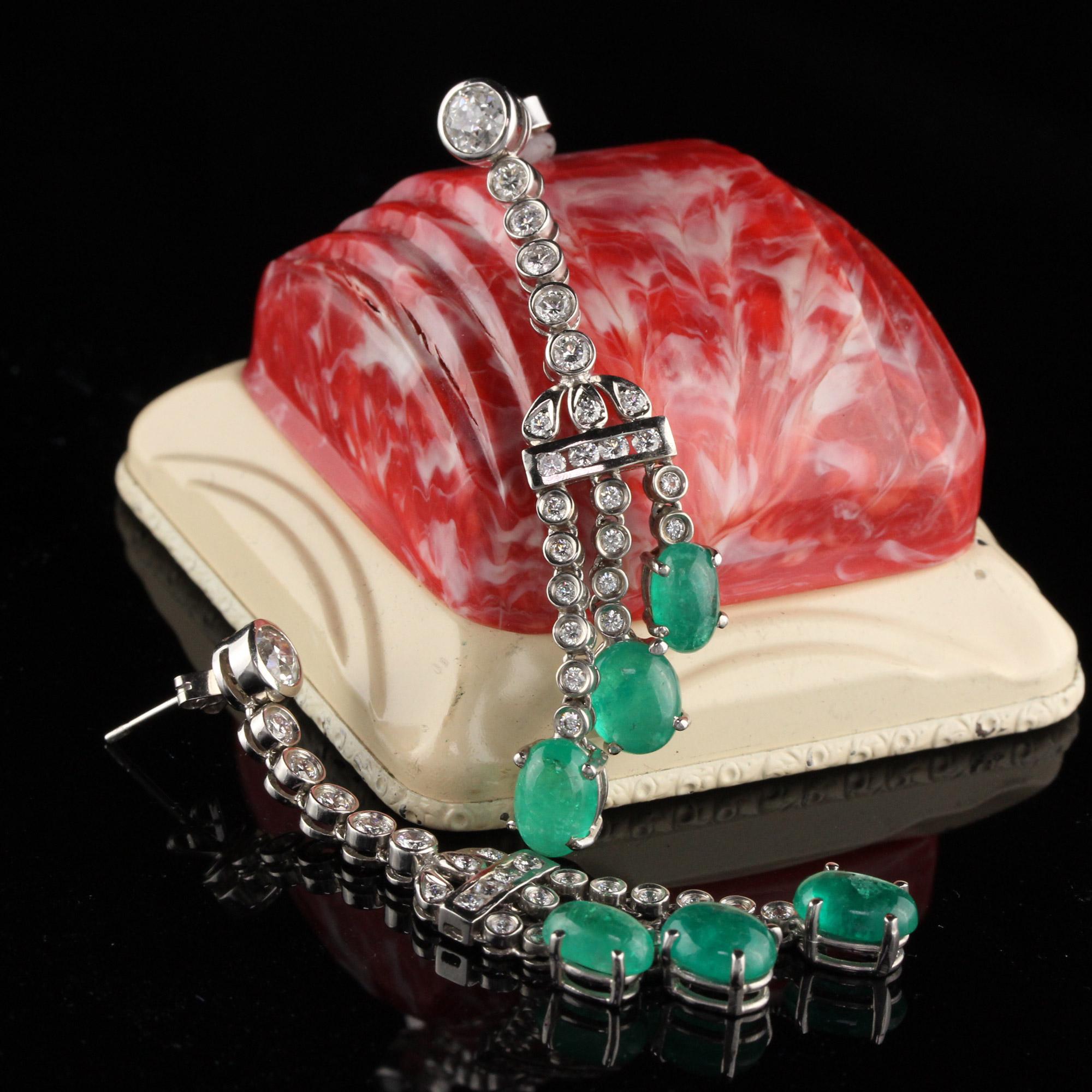 Modern Vintage Estate 18 Karat White Gold Emerald and Diamond Drop Earrings For Sale