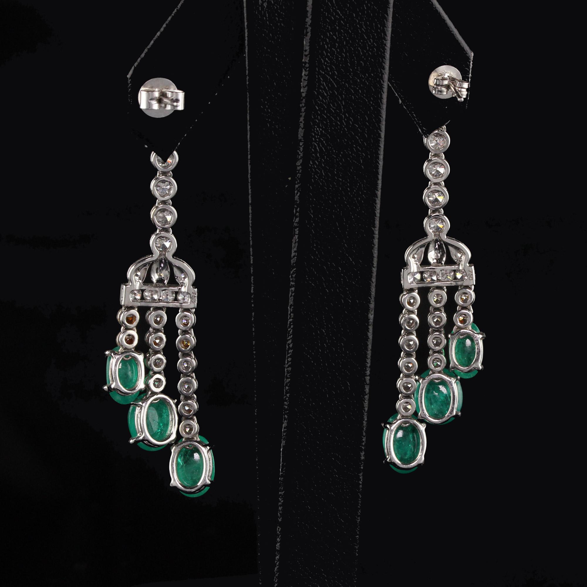 Round Cut Vintage Estate 18 Karat White Gold Emerald and Diamond Drop Earrings For Sale