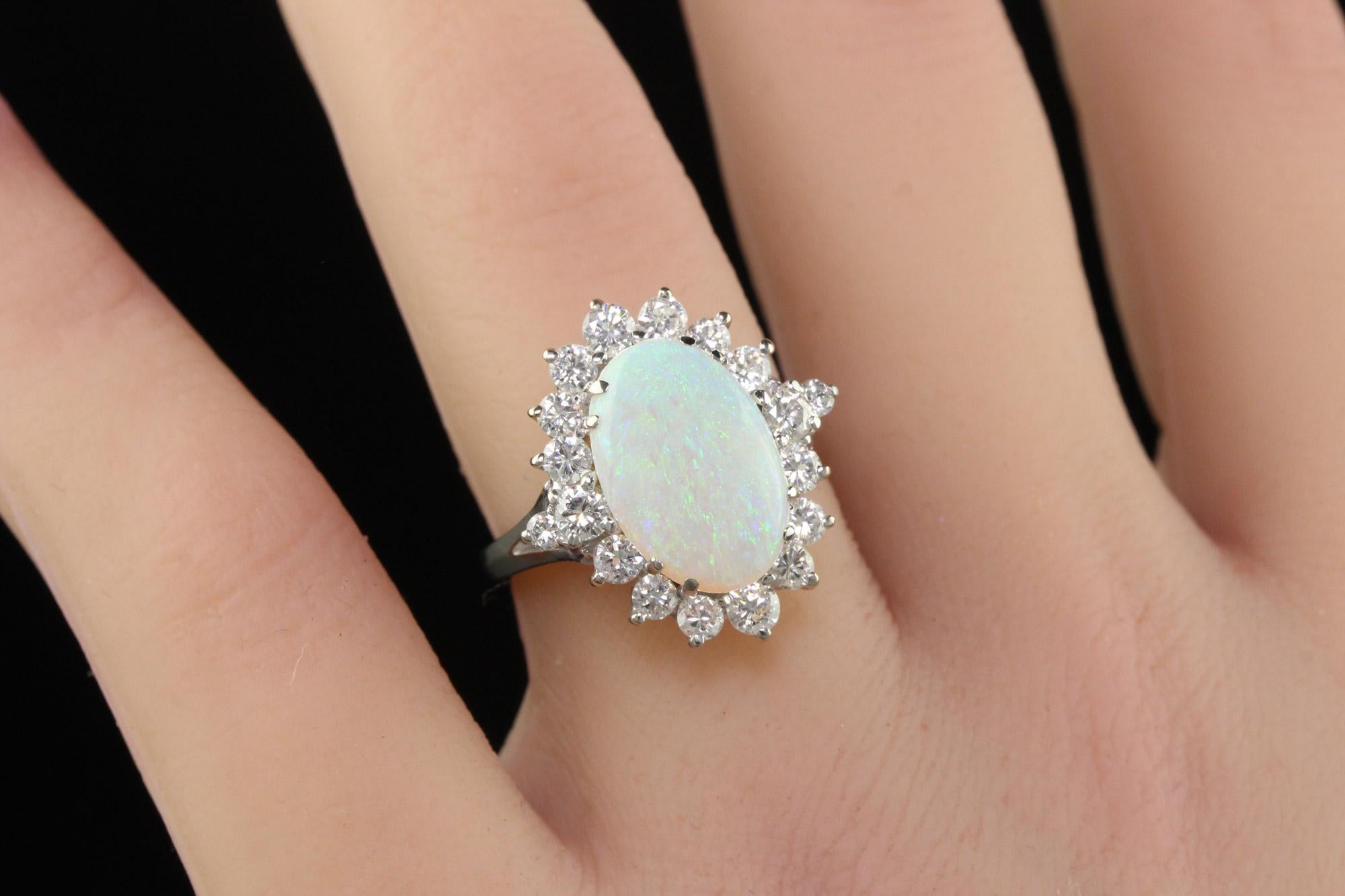 Vintage Estate 18K White Gold Natural Opal and Diamond Cocktail Ring 3