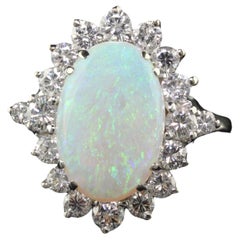 Vintage Estate 18K White Gold Natural Opal and Diamond Cocktail Ring