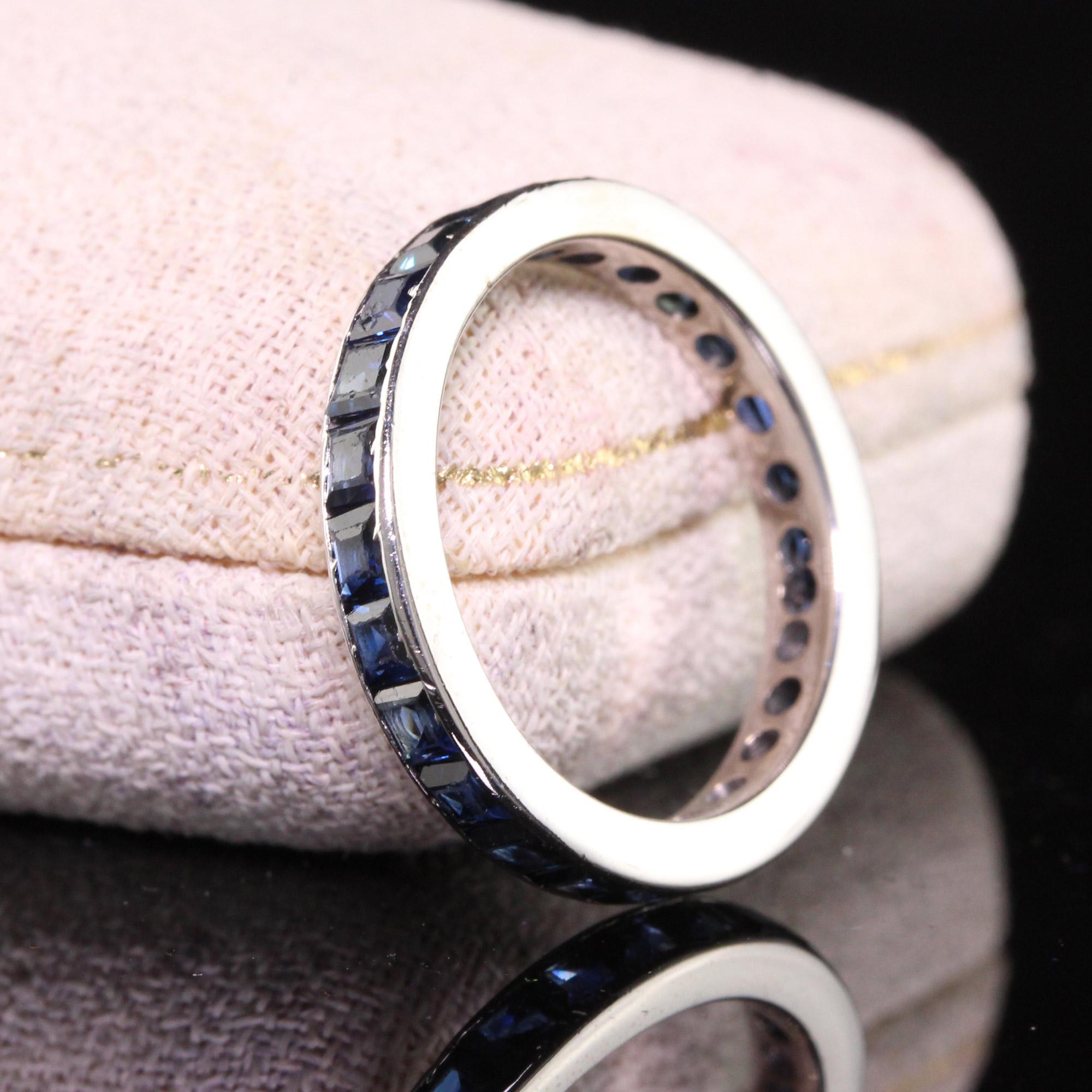 Retro Vintage Estate 18K White Gold Square Cut Sapphire Eternity Band For Sale