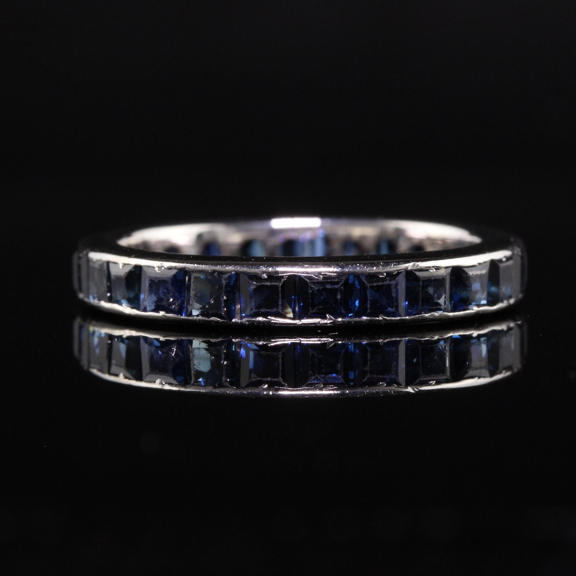 Princess Cut Vintage Estate 18K White Gold Square Cut Sapphire Eternity Band For Sale