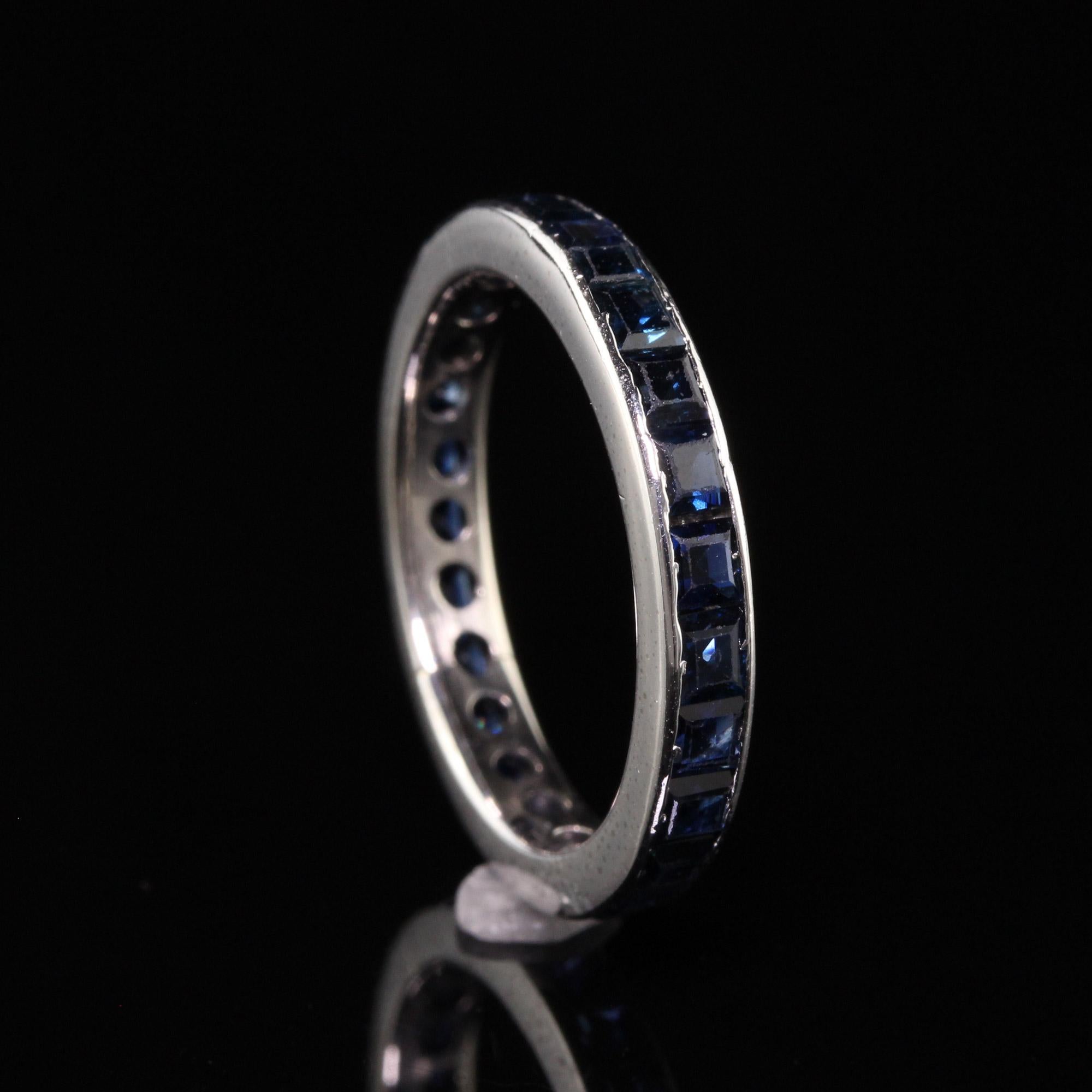Vintage Estate 18K White Gold Square Cut Sapphire Eternity Band In Good Condition For Sale In Great Neck, NY